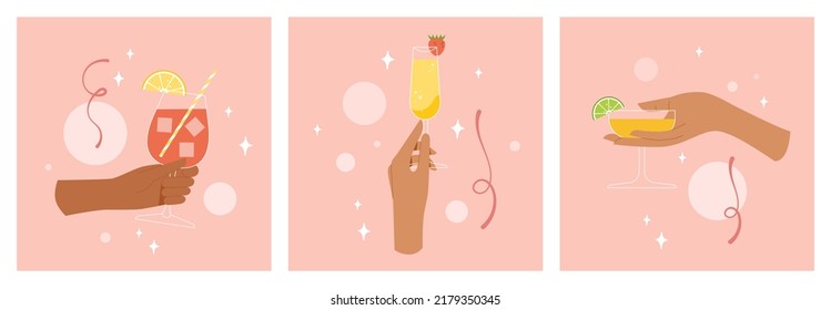 Hand holding a cocktail cheer. Set of glasses with alcohol. Company of woman celebrating. Summer vacation with cold drinks. Toast concept on pink background. Vector isolated flat design.