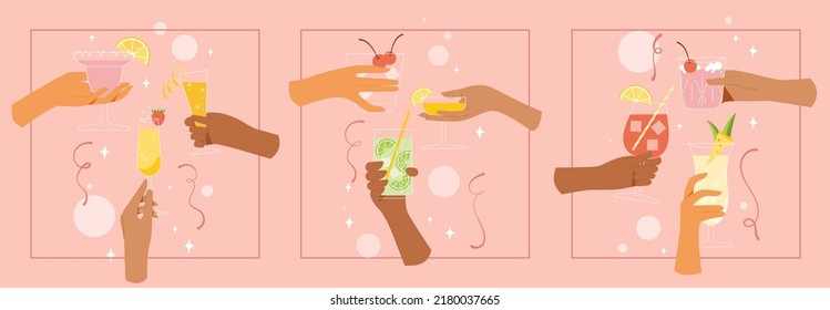 Hand Holding Cocktail Cheers And Drinking Toast. Set Of Glasses With Alcohol. Company Of People Celebrating In Summer With Cold Drinks. Concept Of Spending Weekend Outdoors. Vector Flat Design.