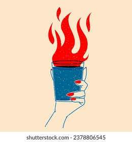 Hand holding cocktail with fire. Vector illustration in a minimalist style  with Riso print effect. Design element for advertising, posters, prints for clothing, banners, covers, websites