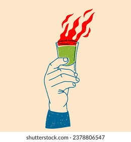 Hand holding cocktail with fire. Vector illustration in a minimalist style  with Riso print effect. Design element for advertising, posters, prints for clothing, banners, covers, websites