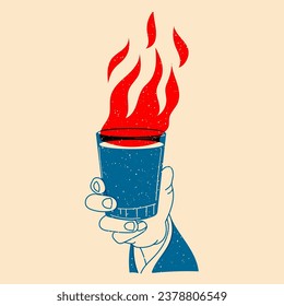 Hand holding cocktail with fire. Vector illustration in a minimalist style  with Riso print effect. Design element for advertising, posters, prints for clothing, banners, covers, websites