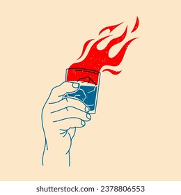 Mano sosteniendo un cóctel con fuego. Ilustración vectorial en un estilo minimalista con efecto de impresión Riso. Elemento de diseño para publicidad, afiches, impresiones para ropa, banners, portadas, sitios web