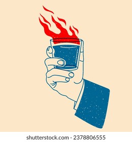 Mano sosteniendo un cóctel con fuego. Ilustración vectorial en un estilo minimalista con efecto de impresión Riso. Elemento de diseño para publicidad, afiches, impresiones para ropa, banners, portadas, sitios web