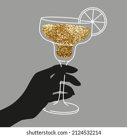 Woman’s hand holding cocktail glass with citrus. Flat illustration for greeting cards, postcards, invitations, menu design. Line art template