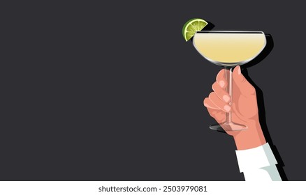 Hand holding cocktail glass with lime garnish. Vector illustration