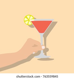 Hand holding cocktail glass, vector illustration design. Hands collection.