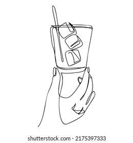 Hand Holding Cocktail glass, Whiskey one line drawing, continuous modern illustration