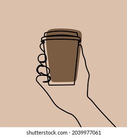 Hand holding coffe oneline continuous line art premium vector