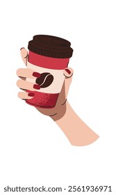 Hand holding Coffee beverage in a red glass with a lid. Espresso, americano cup, cappuccino and latte in paper mug. Flat cartoon illustration isolated on white background