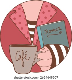Hand holding coffee and book in cozy reading scene