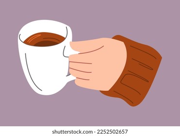 mano sujetando el café. concepto de bebida, trabajo, desayuno, mañana, etc. Perfecto para imprimir, pegar. ilustración vectorial en estilo plano.