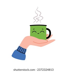 Hand Holding Coffee Cup with Aromatic Drink Vector Illustration