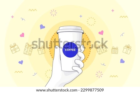 Hand holding coffee cup. cafe coffee promo event banner with gift boxes and abstract shapes background