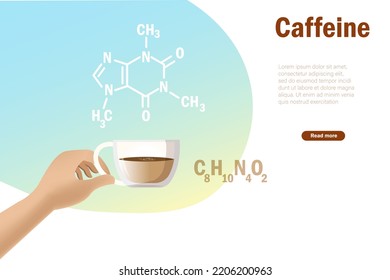 Hand holding coffee cup with caffeine skeletal formula molecular structure. Chemistry and biological science education research on coffee, food science concept.
