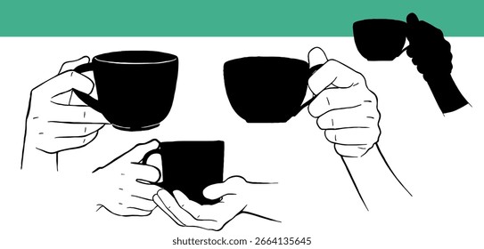 Mão segurando uma xícara de café, desenho de linha de xícara de café desenhado à mão, ilustração de xícara de café, imagem vetorial