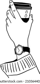 Hand holding Coffee cup Hot coffee to go Cafe menu Hand drawn line art Illustration