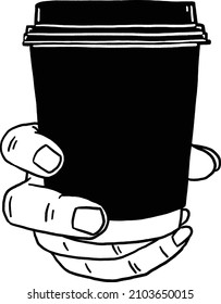Hand holding Coffee cup Hot coffee to go Cafe menu Hand drawn line art Illustration
