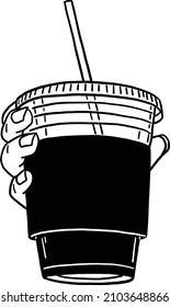 Hand holding Coffee cup Ice coffee to go Beverage Cafe menu Hand drawn line art Illustration
