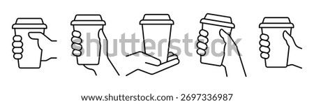Hand holding coffee cup icon set vector. Take away coffee in reusable cup paper or plastic. Coffee shop logo, label, badge, icons, vintage, hipster modern style, premium coffee bean bar brand symbol.