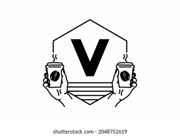 Hand holding a coffee cup line art with V initial letter design