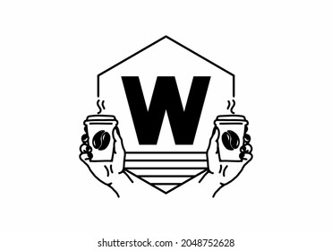 Hand holding a coffee cup line art with W initial letter design