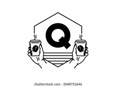 Hand holding a coffee cup line art with Q initial letter design