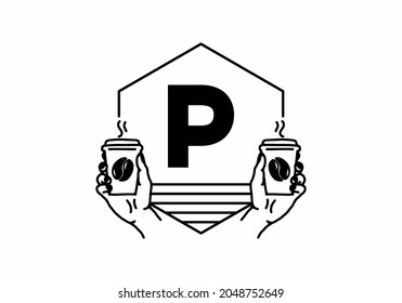 Hand holding a coffee cup line art with P initial letter design