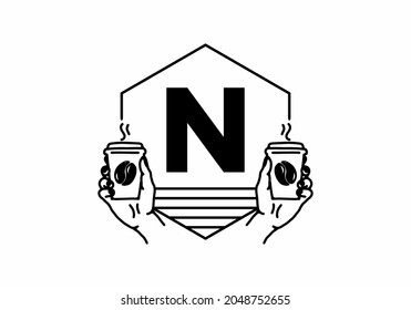 Hand holding a coffee cup line art with N initial letter design