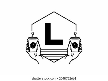 Hand holding a coffee cup line art with L initial letter design