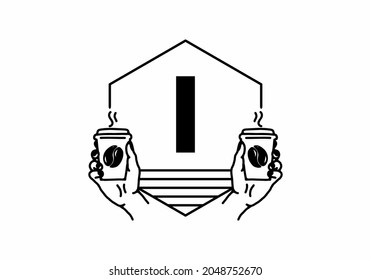 Hand holding a coffee cup line art with I initial letter design