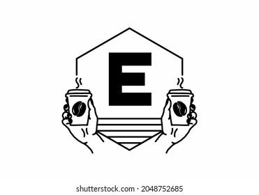 Hand holding a coffee cup line art with E initial letter design