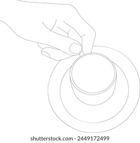 hand holding coffee cup. with line art style, sketch. isolated on white background. hand drawn vector illustration.