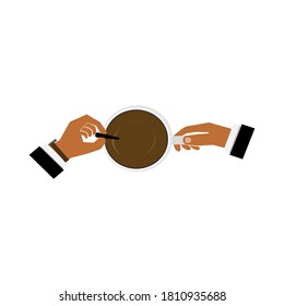 Hand holding coffee cup on white background.