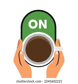 Hand holding coffee cup with on button sign icon