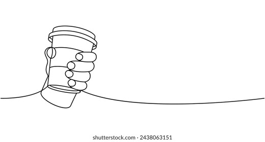 Mano sosteniendo taza de café una línea de dibujo continuo. Elementos dibujados a mano para el menú del café, cafetería. Ilustración lineal vectorial.