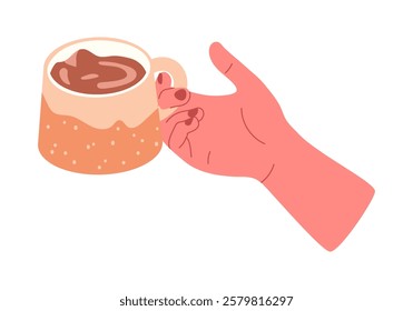 Hand holding coffee cup. Person with hot drink mug, human hand with hot coffee, latte or cacao cup flat vector illustration. Female hand holding mug