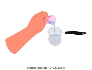 Mano sosteniendo la taza de café y vierte agua en la cafetera para hacer café. El hombre está a punto de hacer café. Preparación de una bebida caliente en ilustración de estilo plano aislado sobre fondo blanco.Ilustración vectorial