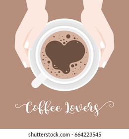 hand holding coffee cup and saucer with heart shape of crema, flat design vector coffee lover concept