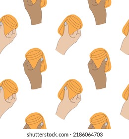 Hand holding coffee cup seamless pattern in line art with color spots. Beautiful hand drawn loophable single line illustration background