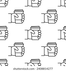 Hand holding coffee cup seamless pattern. Concept of Coffee to go. Vector illustration.