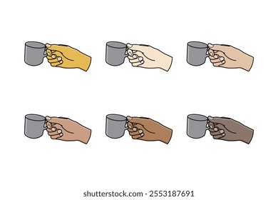 Hand holding a coffee cup, seen from behind with various colored hands.