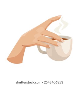 Hand holding a coffee cup with steam rising. Vector illustration