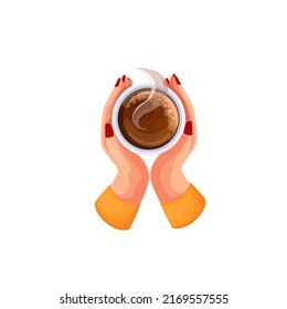 Hand holding coffee cup vector illustration. Cartoon woman drinking hot beverage with aroma steam on break in restaurant or cafe, top view of isolated two female arms with morning drink in glass mug