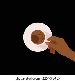 Hand holding coffee cup vector illustration. Flat image of female hand with red manicure holding cup with black coffee top view. Caffeine, lifestyle concepts.
