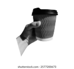 Hand holding a coffee cup in vintage halftone style. Coffee to go dotted element for retro collage design, projects. Hot drink pop art illustration.