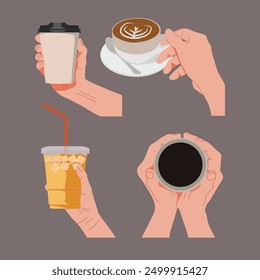 Hand holding coffee in flat style. enjoy coffee in various ways