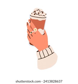 Hand holding coffee in glass mug. Sweet cocoa drink. Hot beverage with whipped cream, milk foam, cacao. Tasty yummy latte, cappuccino. Flat vector illustration isolated on white background