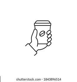 Hand holding coffee to go, coffee in paper cup, takeout coffee simple thin line icon vector illustration