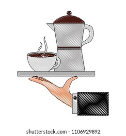 hand holding coffee maker and cup on tray