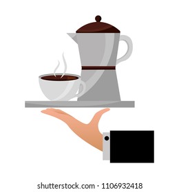 hand holding coffee maker and cup on tray